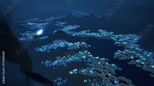 Bioluminescent canyon with floating jellyfish and mirror river