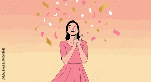 Excited Woman Celebrates Joyfully Amidst Falling Confetti in a Festive Celebration