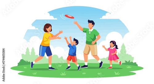 Family Enjoying Outdoors Playing With Frisbee In Park On A Sunny Day