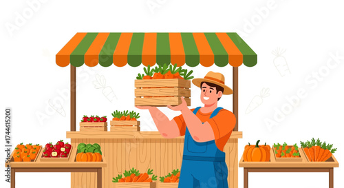 Farmer Presenting Variety Of Fresh Produce At A Charming Outdoor Market Stalls