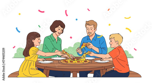 Family Enjoying Pizza Together At Picnic, Celebrating Moment With Joyful Faces