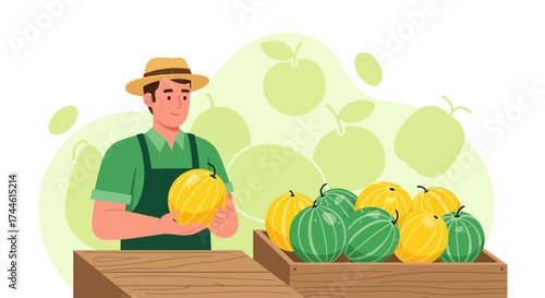 Farmer Proudly Presenting Harvest of Fresh Melons from His Vegetable Garden
