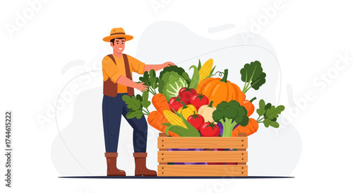 Farmer Proudly Showcasing Harvest Bounty in Abundance of Fresh, Vibrant Vegetables
