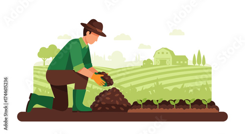 Farmer Cultivating Green Fields, Depicting Agricultural Labor And Horticultural Efforts