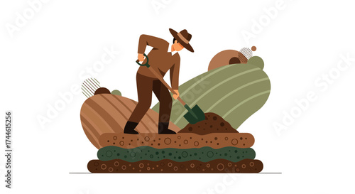 Farmer Digging Soil In Field, Agriculture And Cultivation Illustration Design