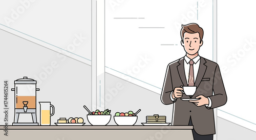 Executive Enjoying Breakfast in Office Break Room with Coffee and Refreshments Available