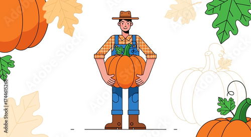 Farmer Displaying A Giant Pumpkin Celebrating The Autumn Harvest Season Presentation