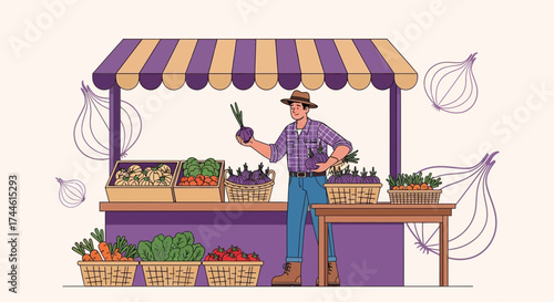 Farmer Displaying Fresh Produce At A Local Market For Selling Healthy Vegetables Fruits