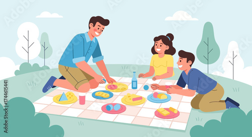Family enjoys picnic outing on a sunny day in a park setting outdoors
