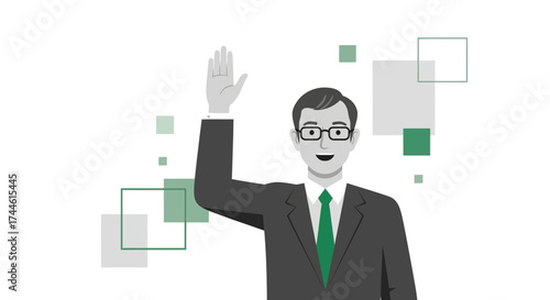 Executive Smiling And Raising Hand For A Successful Business Presentation Design