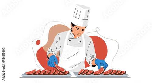Expert Culinary Artisan Arranging Sliced Sirloin Steaks With Precision For Gourmet Dishes