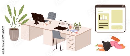 Office desk with computers, books, plants, and coffee cup alongside a fallen person, illustrating workplace burnout or exhaustion. Ideal for stress, mental health, work challenges, productivity