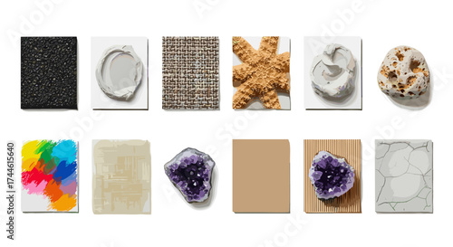 A collection of textures and materials displayed on white surfaces including stone and fabric samples