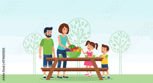 Family Picnic Enjoying Fresh Fruits and Drinks Together, Outdoor Activities, Smiling Faces