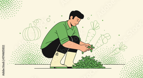 Farmer Harvesting Fresh Produce in Field, Illustrating Agricultural Processes in Beautiful Scene