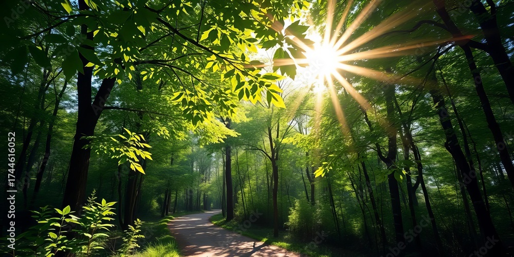 Obraz premium Sun-dappled forest path, vibrant green leaves overhead, environment, wild