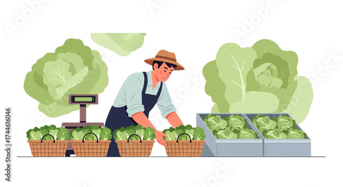 Farmer Arranges Fresh Harvested Green Lettuce At The Outdoor Marketplace Stall