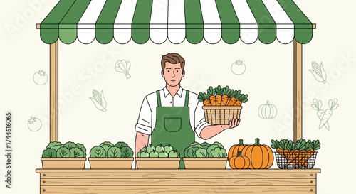 Farmer at the market stall selling vegetables and fruits, healthy food concept