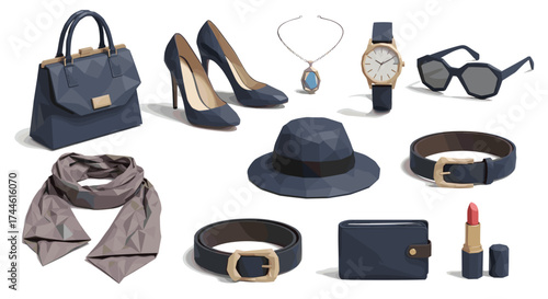 A collection of fashion accessories including a handbag, heels, jewelry, and other stylish items