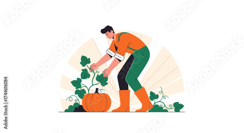 Farmer Carefully Tending to Maturing Pumpkin in Harvest Season Field Illustration