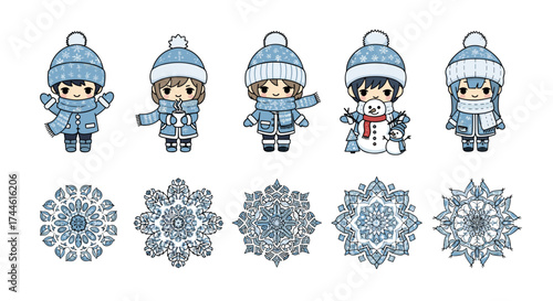 Illustration of five cartoon children in winter clothing above five snowflake designs on white background