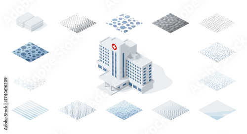 Isometric view showcasing a hospital building surrounded by various abstract textures and patterns