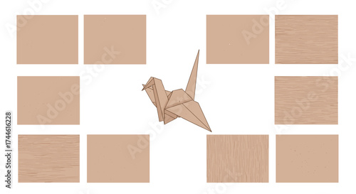 Illustration showing a central origami crane surrounded by eight square paper samples in beige tones