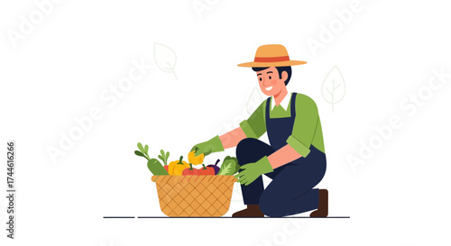 Farmer harvesting vegetables from his garden in a basket with fresh produce