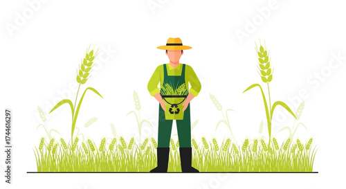 Farmer Harvesting Wheat in a Field, Environmental Sustainability Concept Illustration