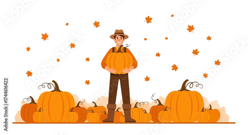 Farmer Holding A Big Pumpkin Surrounded By Fall Harvest Elements With Leaves Falling