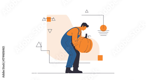 Farmer Holding A Large Pumpkin Illustrating Autumnal Harvest And Abundance Season