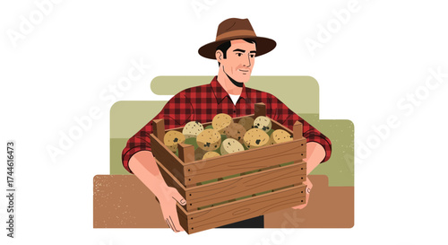 Farmer Holding a Wooden Crate Full of Freshly Harvested Potatoes