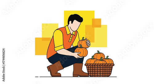 Farmer Inspects and Loads Pumpkins Harvested for Autumn Decorations and Sale
