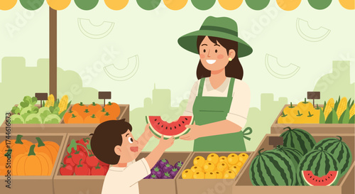 Farmer Market Scene: A Woman Selling Watermelon to a Child with Fresh Produce Display