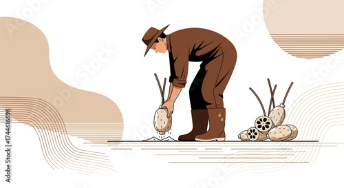 Farmer planting root vegetables in a field stylized with minimalist design