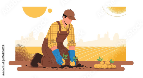 Farmer Planting Potatoes Illustration Of The Agricultural Process In Farm Fields