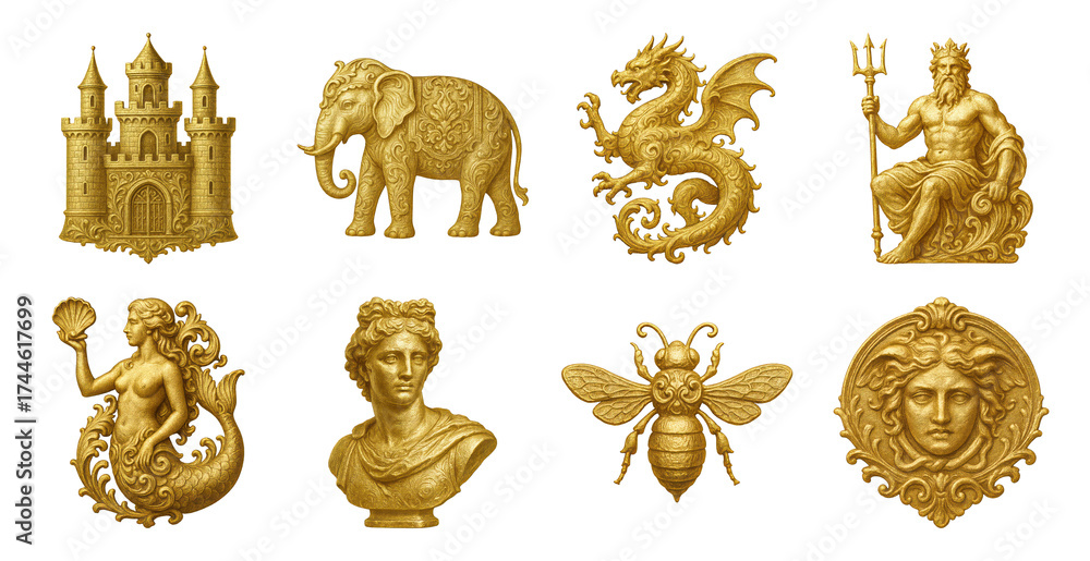 Obraz premium PNG Golden mythical creature collection, element set on transparent background