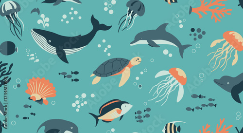 An engaging flat design seamless pattern featuring a variety of ocean animals and sea life, perfect for creating a refreshing aquatic background.