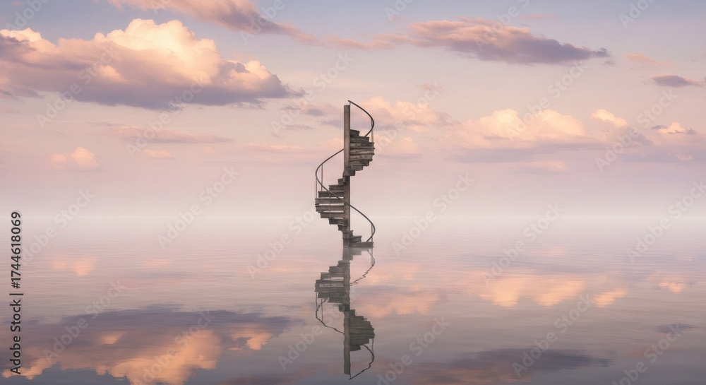 Fototapeta premium Journey to the Unknown: Endless Stairway Against a Pastel Pink and Orange Sky