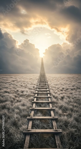 Conceptual Image: Old Wooden Ladder Ascending Through Dark Clouds to Golden Light