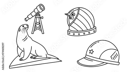 Engaging assortment of monochrome outlined sketches featuring a majestic sea creature, a celestial observation device, historical armor, and contemporary headwear for diverse design projects