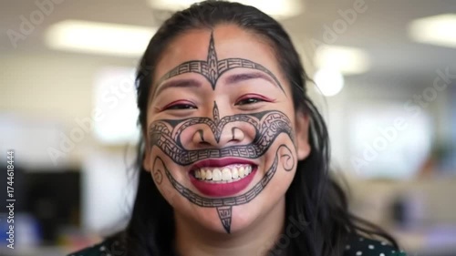 Joyful woman with traditional face marking smiles