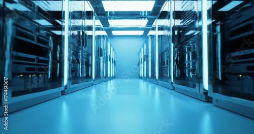 Futuristic data center with illuminated server rows