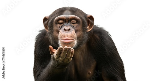 Chimpanzee blowing a kiss with closed eyes with isolated on white background.