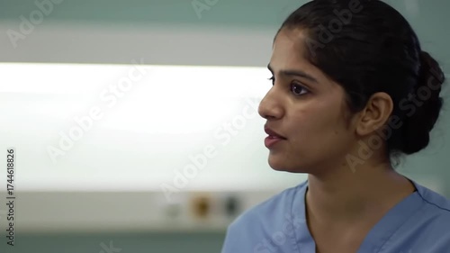 Medical professional in scrubs speaks intently
