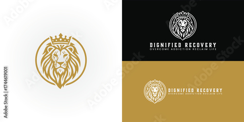 A golden crowned lion's head symbolizes the dignity, courage, and strength required to overcome opioid addiction. Its fierce expression reflects the struggle for recovery.