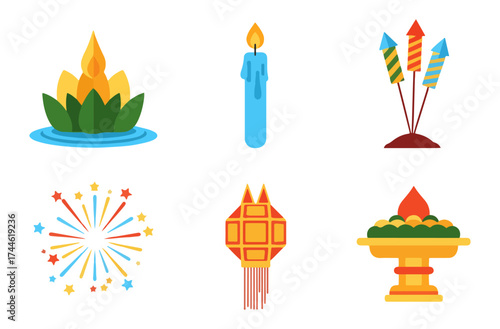 Traditional festival elements such as floating lanterns, candles, fireworks, and ceremonial offerings.