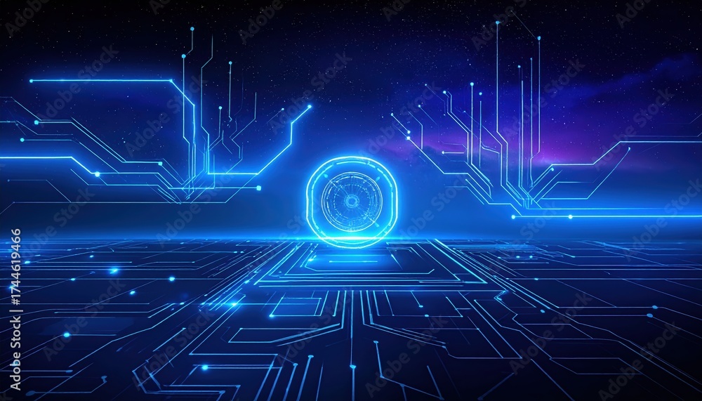 Fototapeta premium Futuristic digital landscape featuring glowing circuits and a central orb, set against a cosmic backdrop