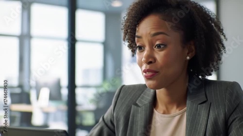 Smiling businesswoman on video call in modern office setting