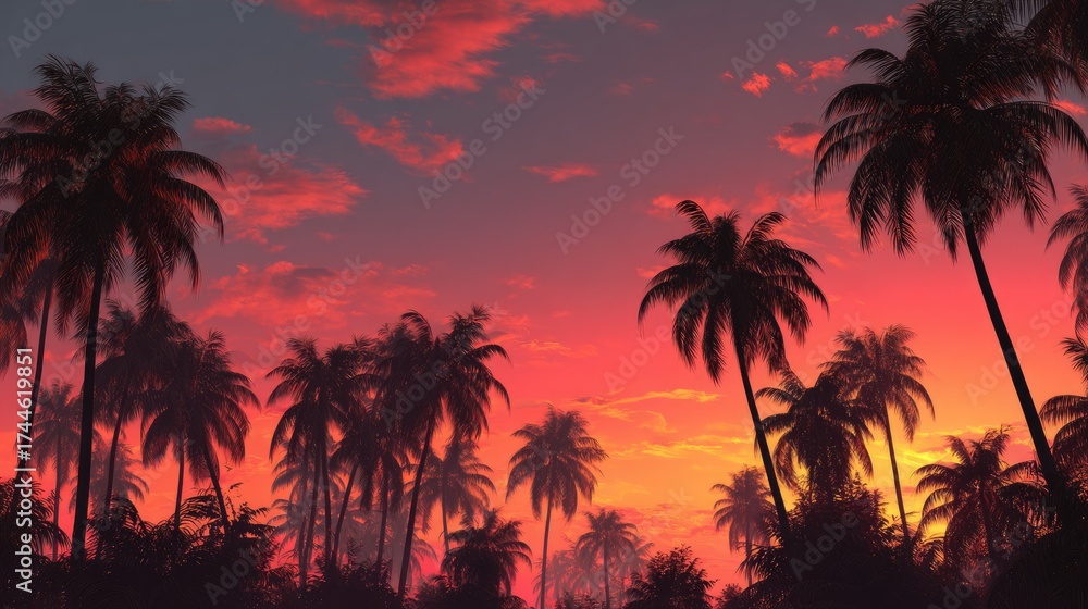 Obraz premium Tropical sunset vacation scene palm trees on the beach nature-inspired fashion design pastel background with ai elements and vacation vibes